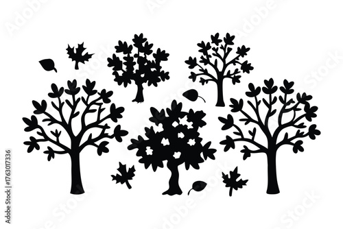 Silhouetted Trees in Autumn: Artistic silhouettes of trees and falling leaves, a serene depiction of an autumnal landscape. A stylized design for decoration or illustrative use.