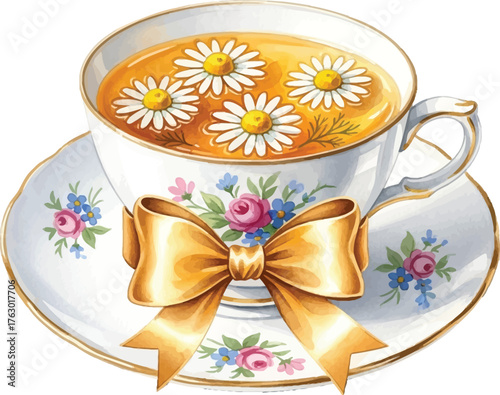Elegant Chamomile Tea Cup and Saucer with Gold Bow Vector
