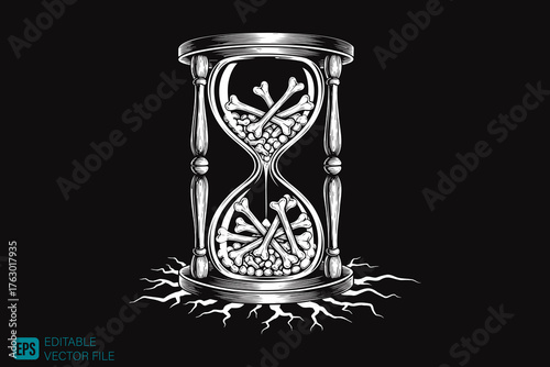 Hourglass with Human Bones and Roots Symbolizing Mortality and T