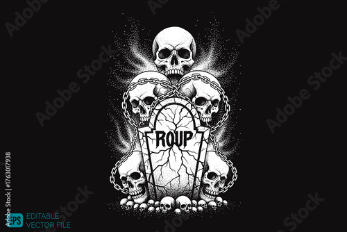 Grave with Skulls and Chains, a Macabre and Spooky Design.