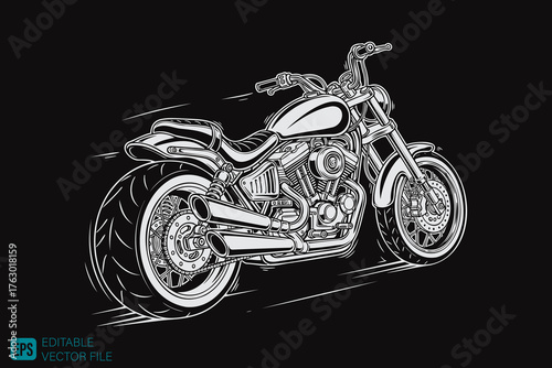 Classic Cruiser Motorcycle in Dynamic Sketch Style on Black Back