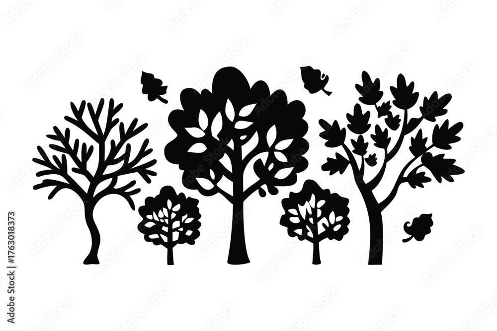 Obraz premium Silhouette Forest: A striking monochrome depiction of a forest, showcasing trees in various forms, complete with falling leaves and branches, creating a minimalist yet captivating scene.