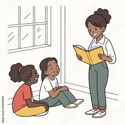 Teacher reading a book to young students in a classroom