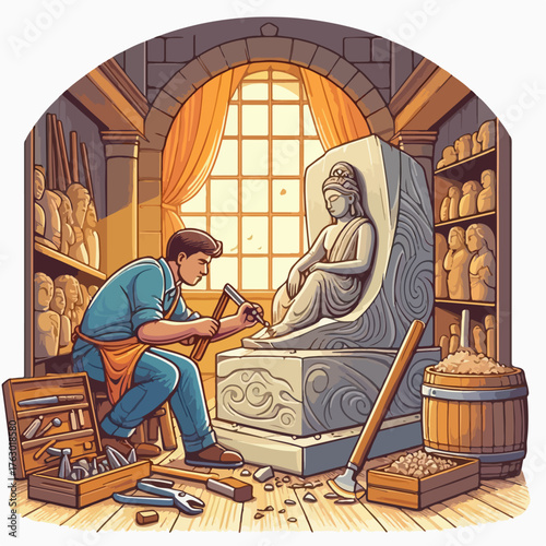Illustration of a man carving a statue