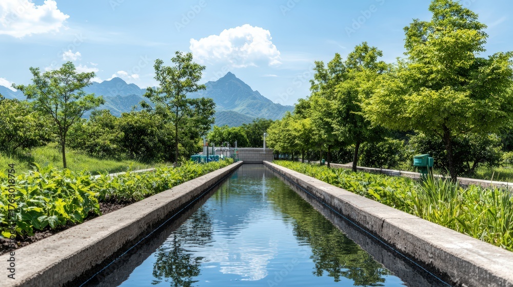 Fototapeta premium A factory with a focus on its water recycling plant, emphasizing environmental responsibility. Product photography with high resolution, advertising style