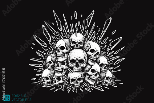 Pile of Human Skulls with Explosive Outline in Monochrome.
