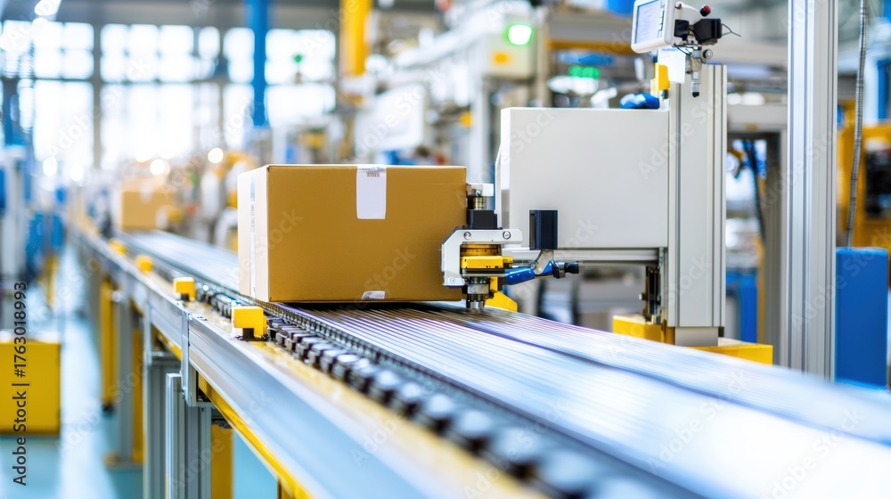 Naklejka premium A factory with a focus on its production line, featuring automated machinery and conveyor belts. Product photography with high resolution, advertising style