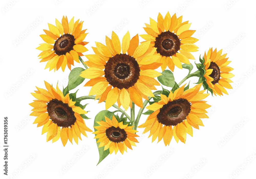 Fototapeta premium Watercolor Sunflower Arrangement with Bright Yellow Blooms and Green Leaves