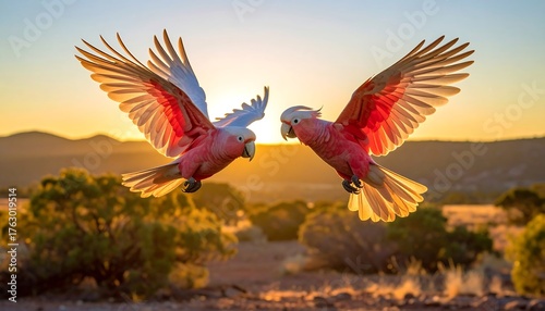 Two colorful parrots with pink and white plumage take flight at sunset