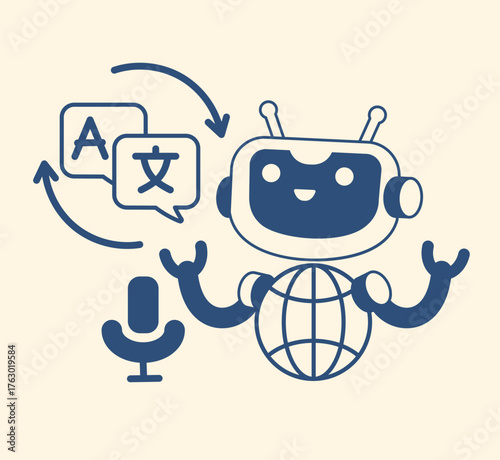 A friendly robot holding speech bubbles, symbolizing translation between languages. Perfect for themes of global communication, AI assistants, and language learning apps