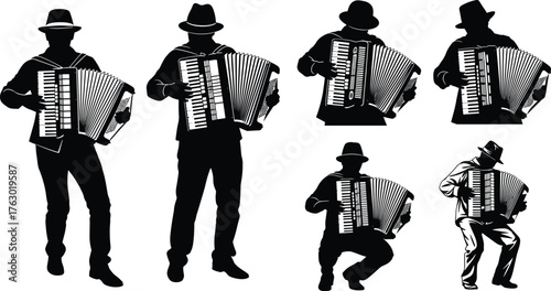 Accordion player musician silhouette set, folk music instrument performance vector, man with hat and bellows, entertainment and melody art.