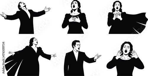 Opera singer dramatic performance silhouette vector set, powerful vocalist and music art, emotional concert stage, passion and classical sound.