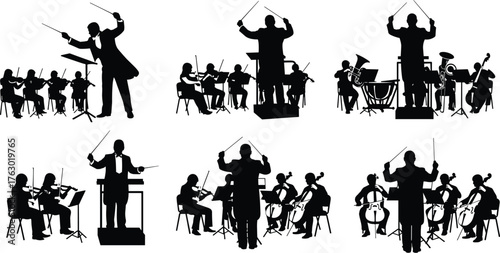 Orchestra conductor silhouette set, classical music performance vector illustration, man with baton leading symphony, concert and melody art.