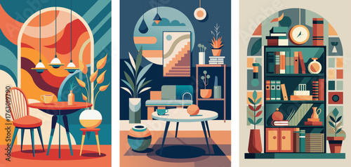 Elegent home sweet home interior designs, Dining tables and chairs, Bookshelve,  furniture,  abstract designs, posters, and wallpaper