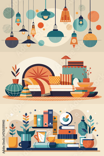 Hanging pendant lights, Cushions, throws, or blankets placed naturally, Books, mugs, or framed art on a table/shelf, home decor interior wallpaper desin