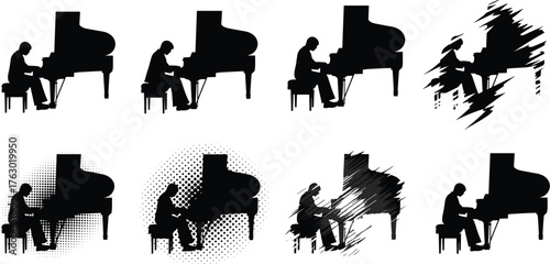 Grand piano player musician silhouette and line art set, classical music performance vector, elegant concert artist, melody and keyboard.