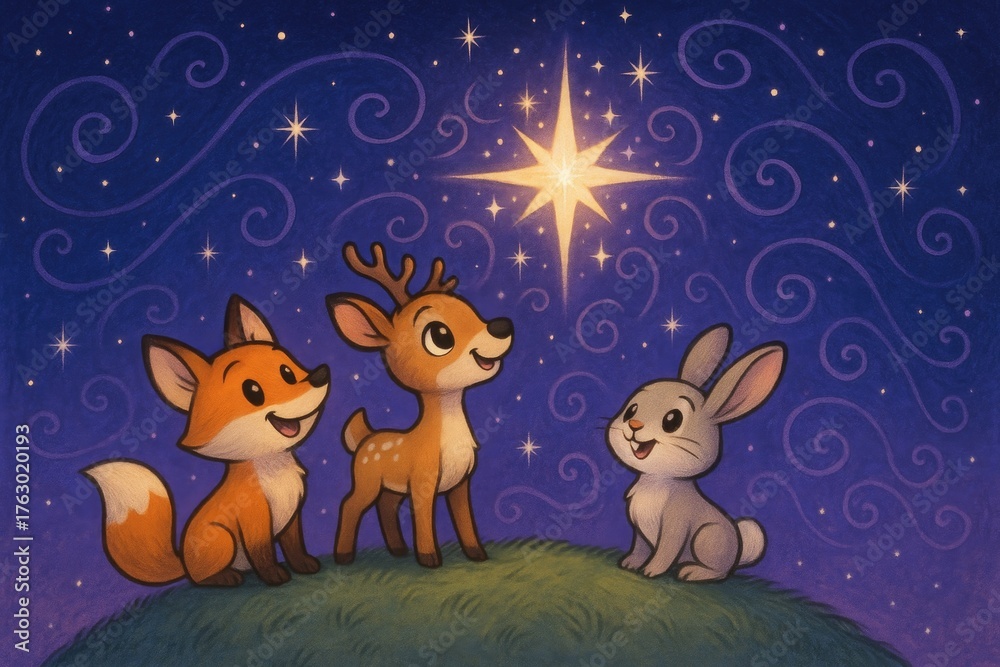 Naklejka premium Cute animals gazing at a bright star in the night sky 