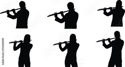 Flute player musician silhouette set, classical music instrument performance vector, wind orchestra woodwind player, melody and concert art.