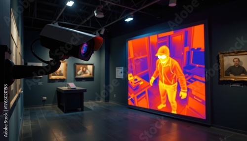 Surveillance camera in an art gallery featuring a thermal image of a person.