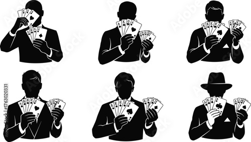 Poker player card game silhouette set, mysterious men in suits vector, gambling and casino concept, jackpot win strategy, luck and risk.