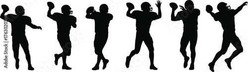 American football player quarterback throwing ball silhouette set, dynamic passing action vector, competitive sport game concept, athlete with helmet.