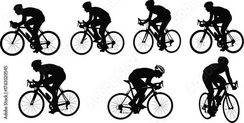 Fast road bicycle racing cyclist silhouette vector set, dynamic speed motion black graphic illustration, athletic sports competition concept, fitness and healthy lifestyle.