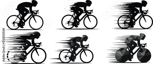 Fast road bicycle racing cyclist silhouette vector set, dynamic speed motion black graphic illustration, athletic sports competition concept, fitness and healthy lifestyle.