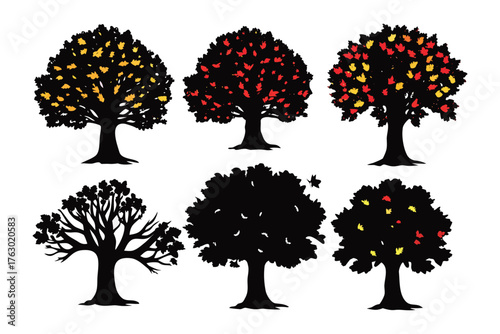 Ethereal Tree Silhouettes: A collection of captivating tree silhouettes, each showcasing unique autumnal foliage hues and intricate branch structures.