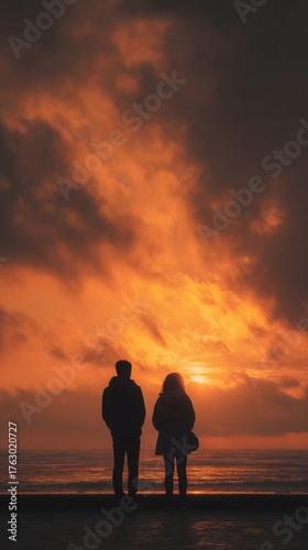 Couple Silhouetted Against Dramatic Sunset Over Calm Ocean Water