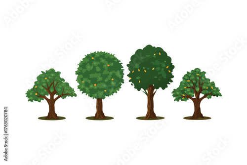 Orchard Array: An idyllic array of stylized trees, each displaying unique foliage and trunk characteristics, suggesting a vibrant orchard.