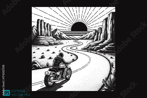Motorcyclist Riding Through Desert Landscape at Sunset.