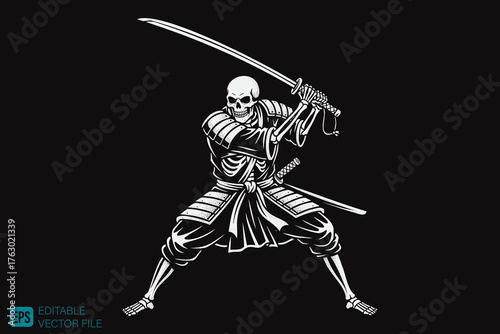 Skeleton Samurai Warrior with Katana Sword in Dynamic Pose.
