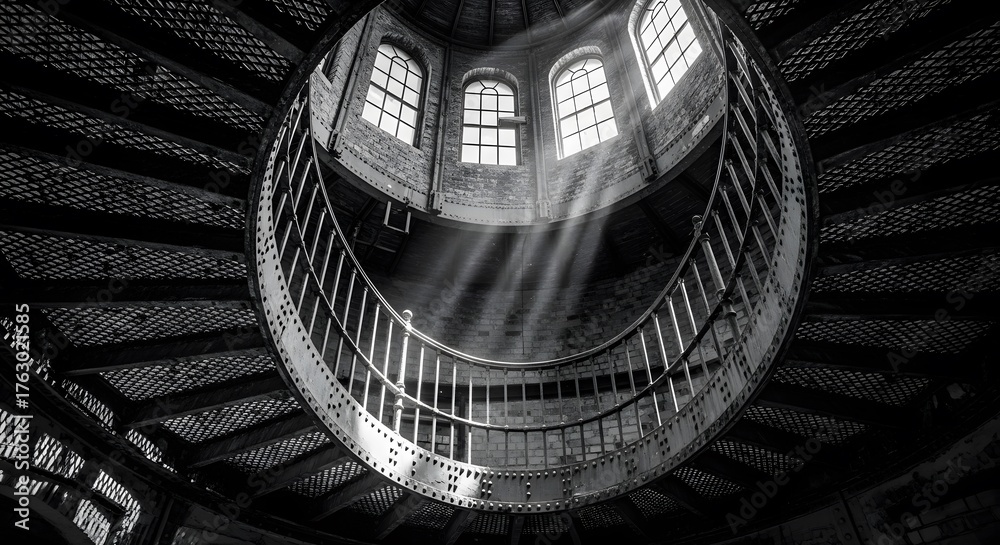 Obraz premium Dramatic Sunbeams Illuminate Ornate Circular Staircase Architecture Detail