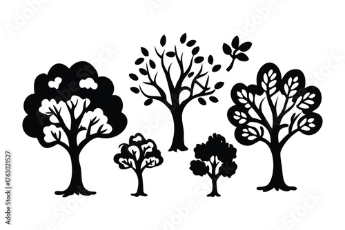 Silhouette of Trees:  A collection of artistic silhouette, symbolizing nature's beauty and tranquility, each tree tells its own story in the elegant strokes of black and white. 