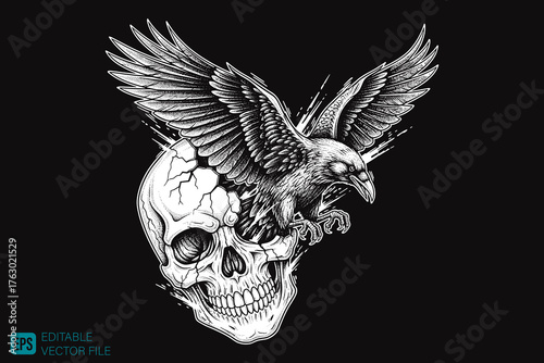 Majestic Eagle Perched on a Human Skull Black and White Illustra