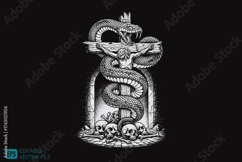 Serpent and Christ on Cross with Skulls Engraving.