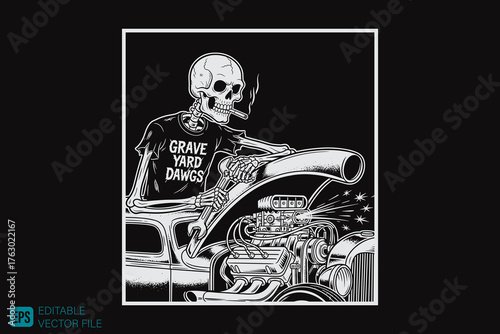 Skeleton Mechanic Working on Hot Rod Engine in Graveyard Dawgs S