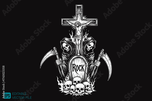 Rock Music Grave with Grim Reapers and Skulls.
