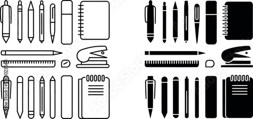 Stationery Set Outline and Silhouette Vector Illustration Education and Office Supplies