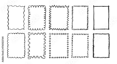 Hand drawn scribble frame set with pastel or chalk texture. Doodle decoration with zigzag and wave. Crayon vector illustration.