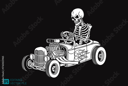 Skeleton driving a vintage hot rod with flames illustration.