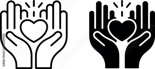 Two hands holding a heart shaped symbol representing love care and support in black and white