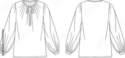 Gathered blouse, front and back view, technical flat sketch, fashion cad, vector illustration, puff sleeve, garment construction, apparel template