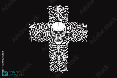 Intricate Skull and Bones Cross Design on a Dark Background.