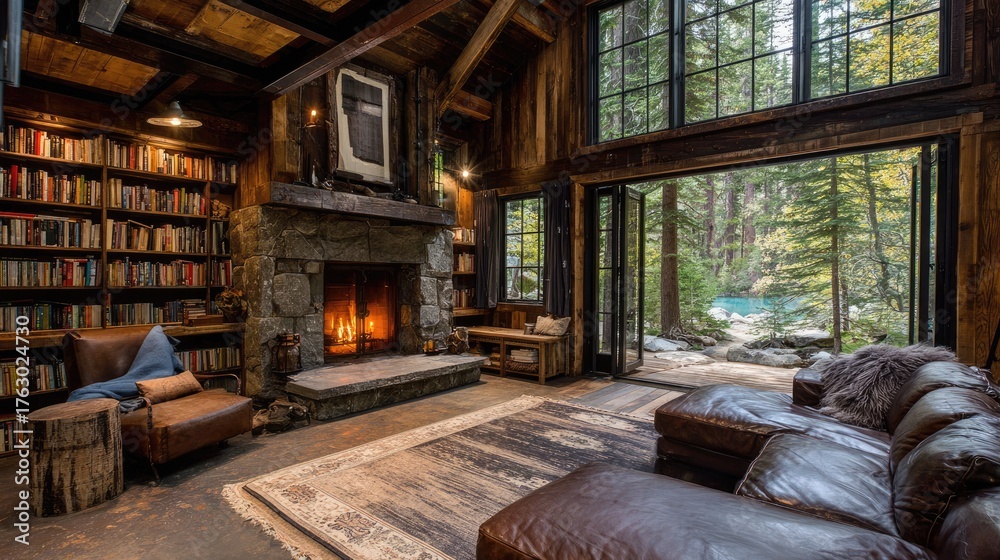 Fototapeta premium Cozy Rustic Living Room with Stone Fireplace and Scenic View