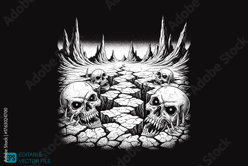 Skulls and Cracked Earth Path to a Dark Horizon.