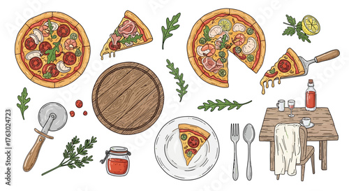 A hand-drawn collection of Italian pizza illustrations, including whole pies, slices, ingredients, and dining elements.