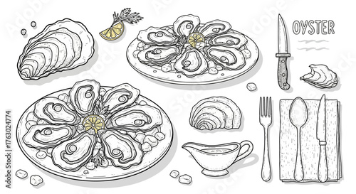 Detailed monochrome illustration showcasing various arrangements of fresh oysters with serving utensils.