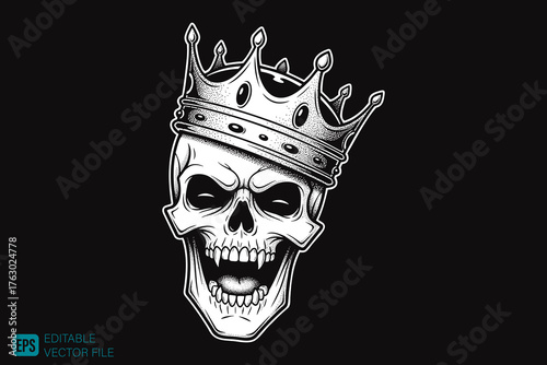 Monochrome Skull with Crown Illustration on Black Background.