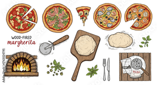 Collection of colorful hand-drawn illustrations depicting various pizzas, a wood-fired oven, dough, and essential pizza making tools.